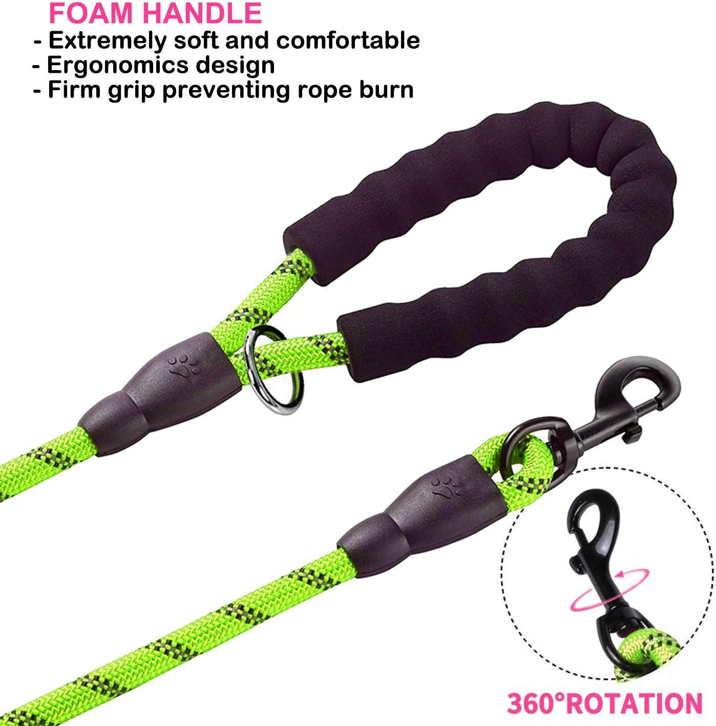 Heavy Duty Double Handle Dog Leash - 5 FT with Comfortable Padded and Reflective Rope for Small, Medium, Large Dogs (Rope-Green)