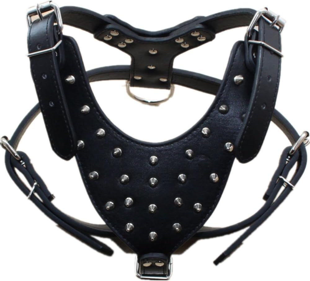 Leather Spiked Studded Medium & Large Dog Collars, Harnesses & Leashes 3Pcs Matching Set for Pit Bull,Mastiff, Boxer, Bull Terrier(Black,M)