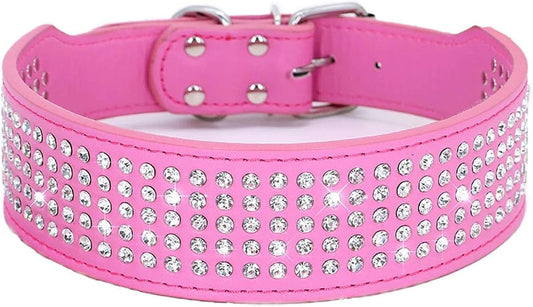 Rhinestones Dog Collars-2" Wide Crystal Diamonds Studded PU Leather 5 Rows Sparkly Crystal Studded Collar for Medium and Large Dog