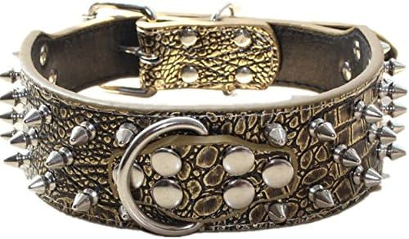 Spiked Leather Dog Collar Bullet Rivets Studded 2 Inch Width Stylish Leather Dog Collars for Medium & Large Dogs Pitbull(Gold Brown,M)