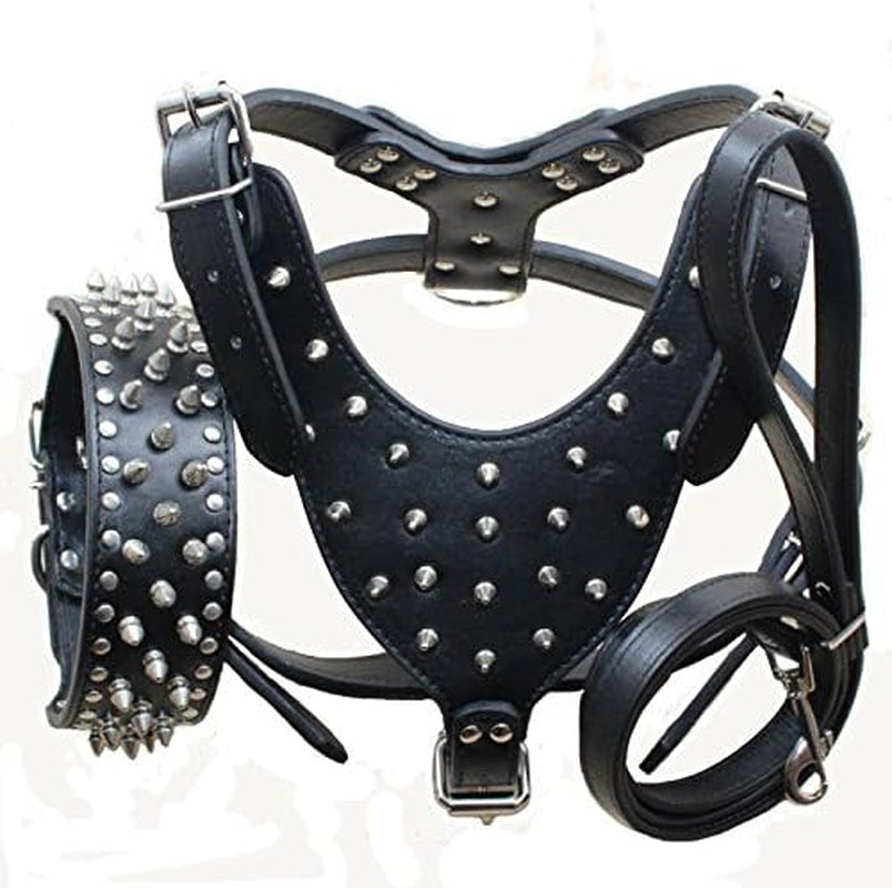 Leather Spiked Studded Medium & Large Dog Collars, Harnesses & Leashes 3Pcs Matching Set for Pit Bull,Mastiff, Boxer, Bull Terrier(Black,M)