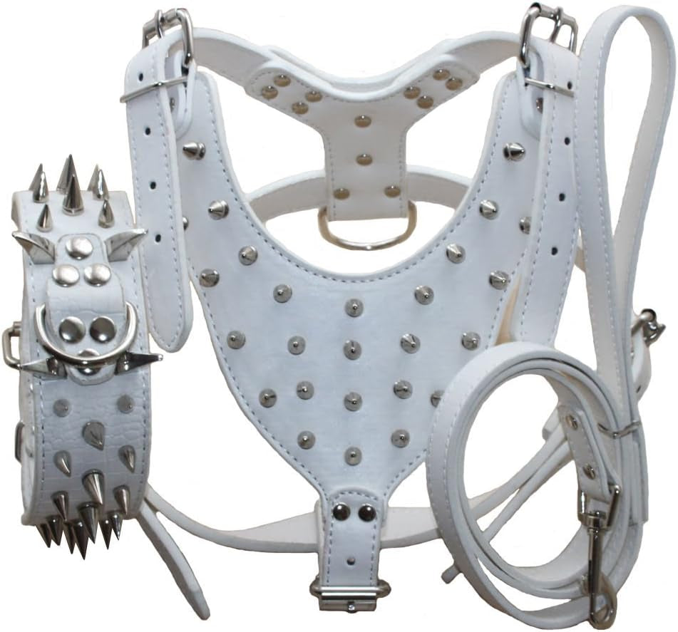 Leather Sharp Spiked Studded Dog Collars, Harnesses & Leashes 3Pcs Matching Set for Medium & Large Dog Pit Bull,Mastiff, Boxer, Bull Terrier