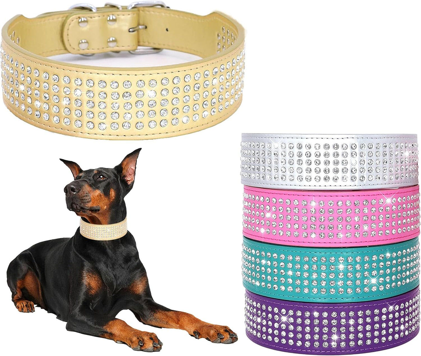 Rhinestones Dog Collars-2" Wide Crystal Diamonds Studded PU Leather 5 Rows Sparkly Crystal Studded Collar for Medium and Large Dog