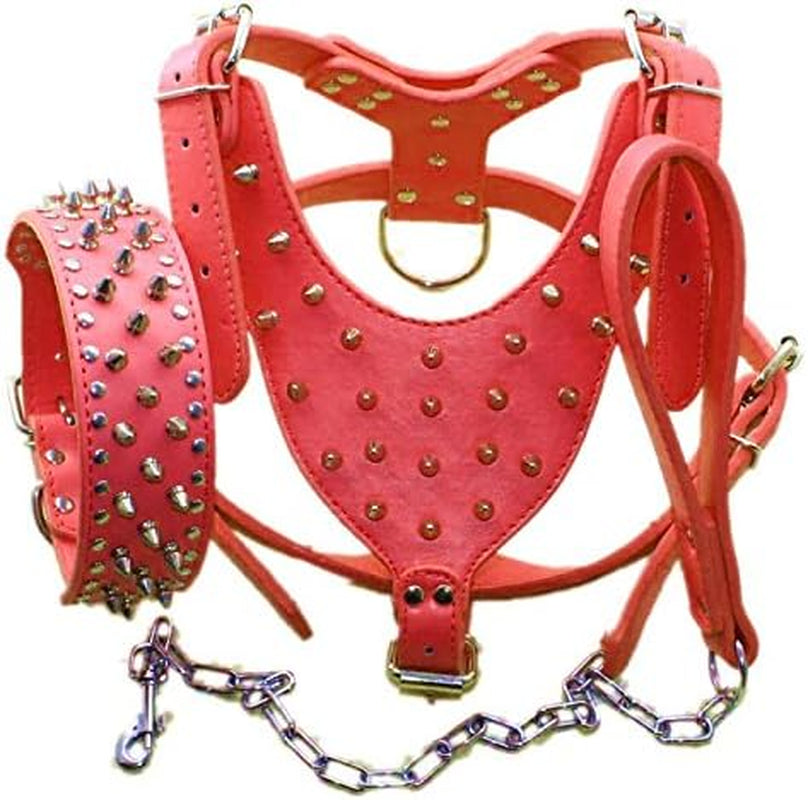 Leather Spiked Studded Medium & Large Dog Collars, Harnesses & Chain Leashes 3Pcs Matching Set for Pit Bull,Mastiff, Boxer, Bull Terrier