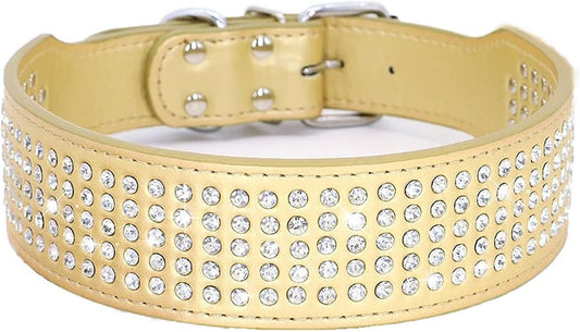 Rhinestones Dog Collars-2" Wide Crystal Diamonds Studded PU Leather 5 Rows Sparkly Crystal Studded Collar for Medium and Large Dog