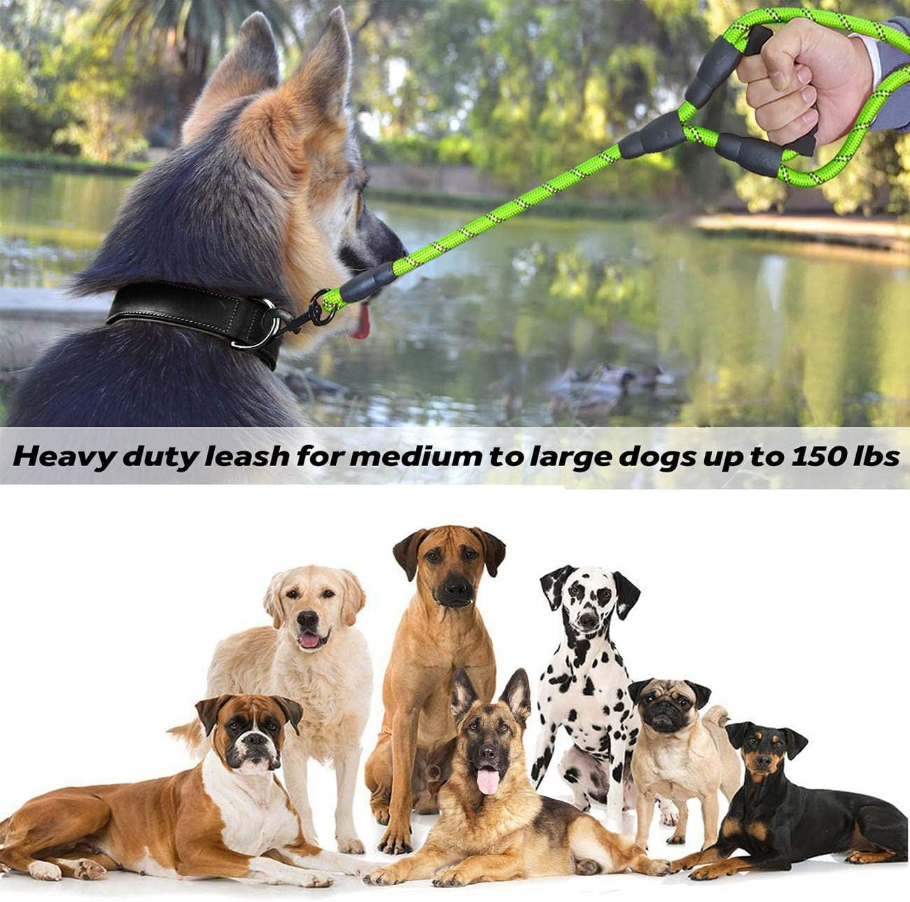 Heavy Duty Double Handle Dog Leash - 5 FT with Comfortable Padded and Reflective Rope for Small, Medium, Large Dogs (Rope-Green)