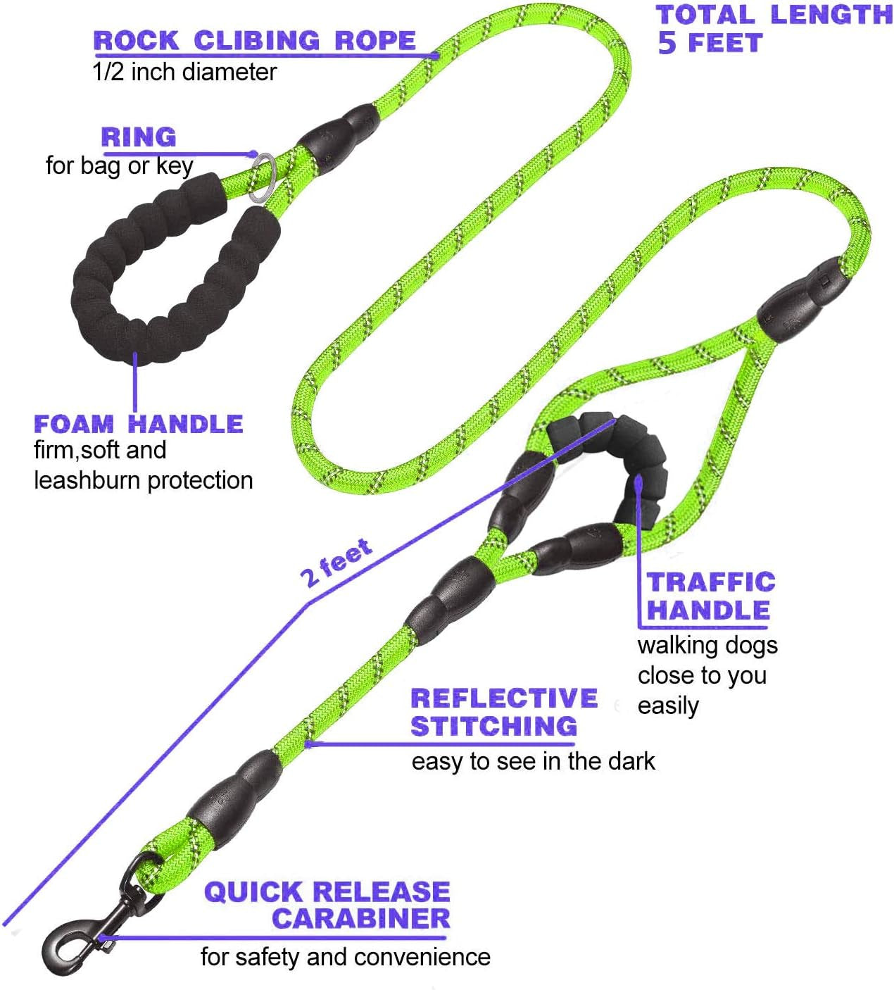 Heavy Duty Double Handle Dog Leash - 5 FT with Comfortable Padded and Reflective Rope for Small, Medium, Large Dogs (Rope-Green)