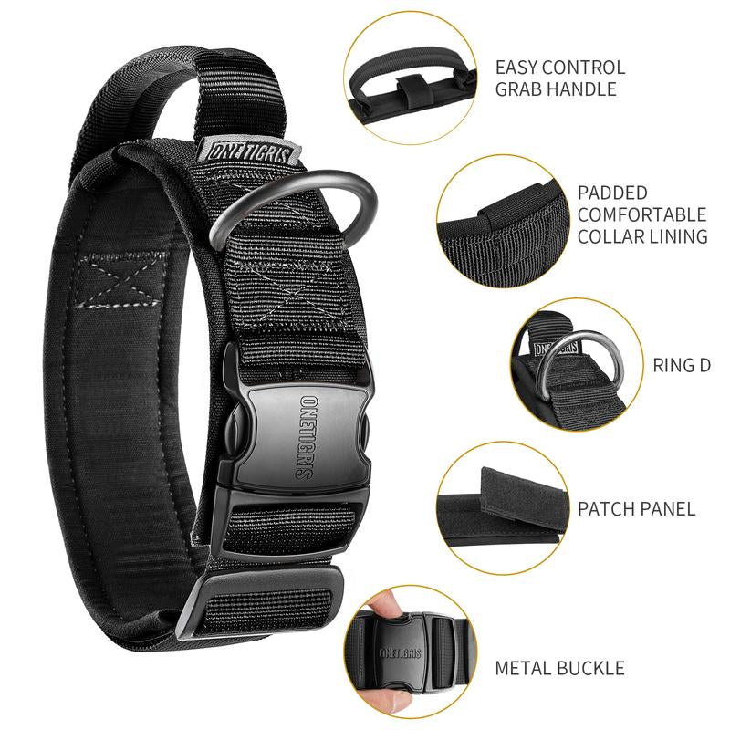Onetigris Military-Grade Tactical Dog Collar with Handle - Adjustable Heavy Duty for Training & Outdoor Adventures - Perfect for Large Dogs & K9 Gear