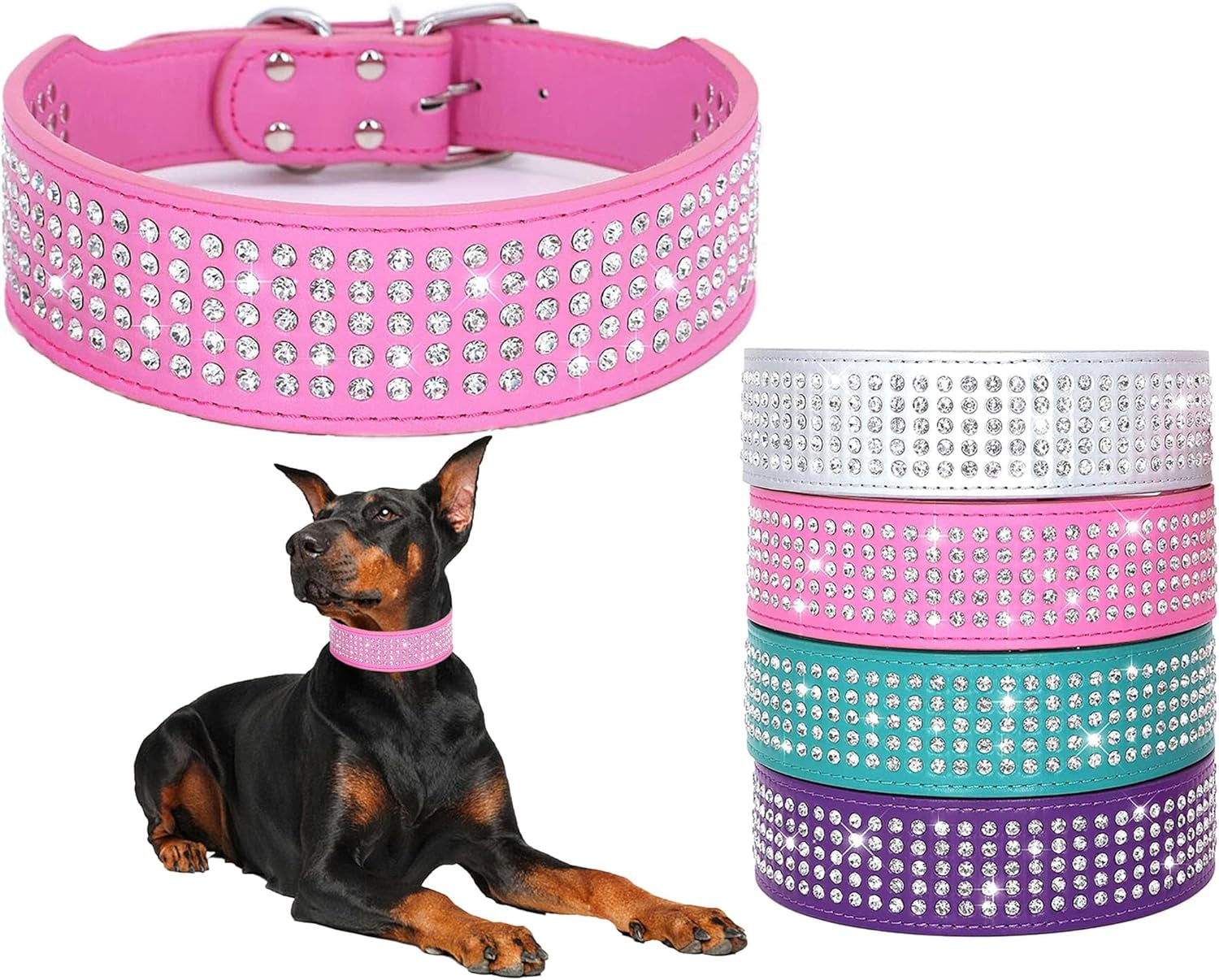 Rhinestones Dog Collars-2" Wide Crystal Diamonds Studded PU Leather 5 Rows Sparkly Crystal Studded Collar for Medium and Large Dog