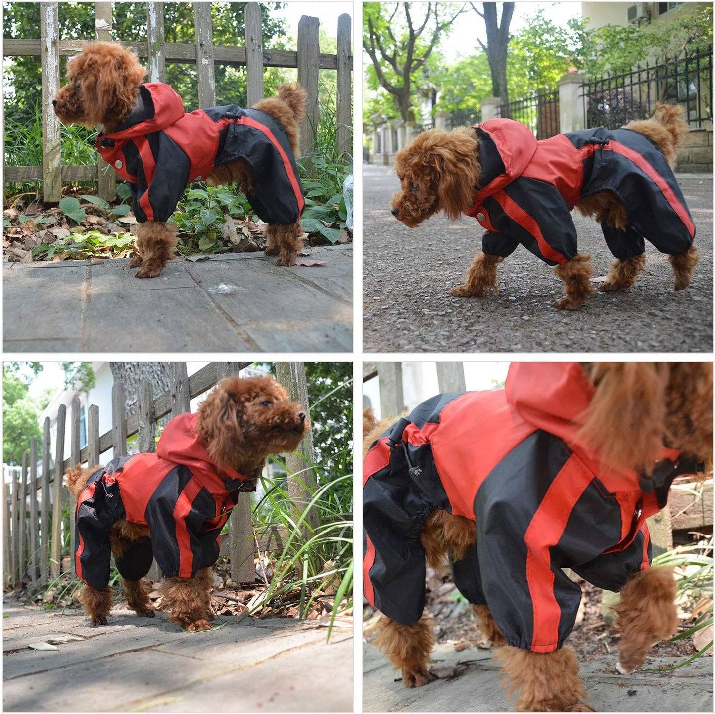 Dog Hooded Raincoat, Small Dog Rain Jacket Poncho Waterproof Clothes with Hood Breathable 4 Feet Four Legs Rain Coats for Small Dogs Red M