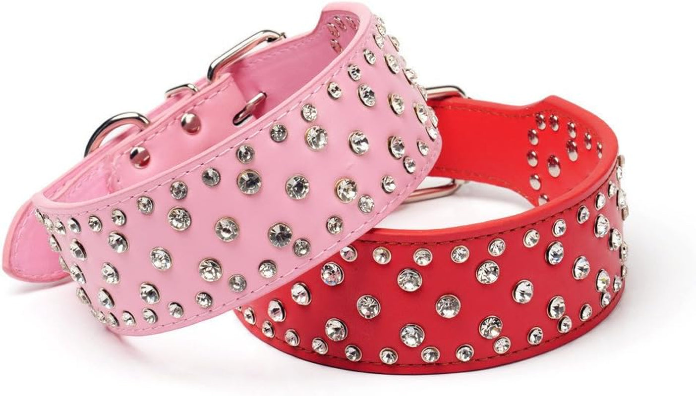 Rhinestones Dog Collars-2" Width Bling Crystal Diamond Studded Dog Collar PU Leather Pet Collar for Medium & Large Dogs