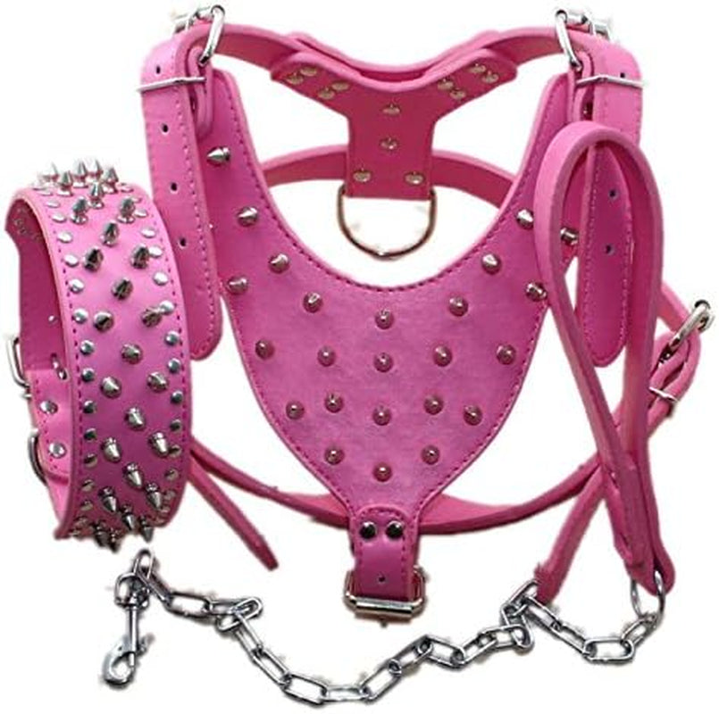 Leather Spiked Studded Medium & Large Dog Collars, Harnesses & Chain Leashes 3Pcs Matching Set for Pit Bull,Mastiff, Boxer, Bull Terrier