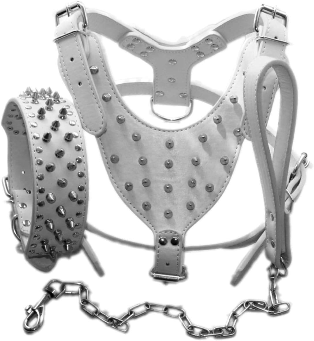 Leather Spiked Studded Medium & Large Dog Collars, Harnesses & Chain Leashes 3Pcs Matching Set for Pit Bull,Mastiff, Boxer, Bull Terrier