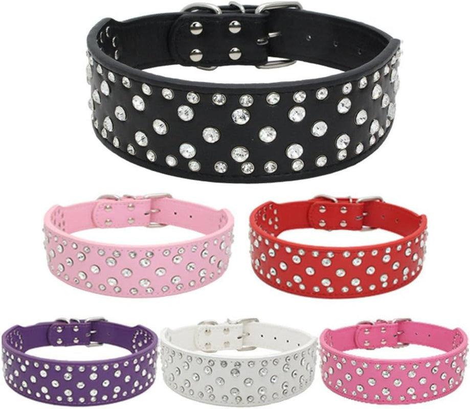 Rhinestones Dog Collars-2" Width Bling Crystal Diamond Studded Dog Collar PU Leather Pet Collar for Medium & Large Dogs