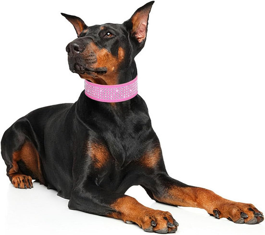 Rhinestones Dog Collars-2" Wide Crystal Diamonds Studded PU Leather 5 Rows Sparkly Crystal Studded Collar for Medium and Large Dog