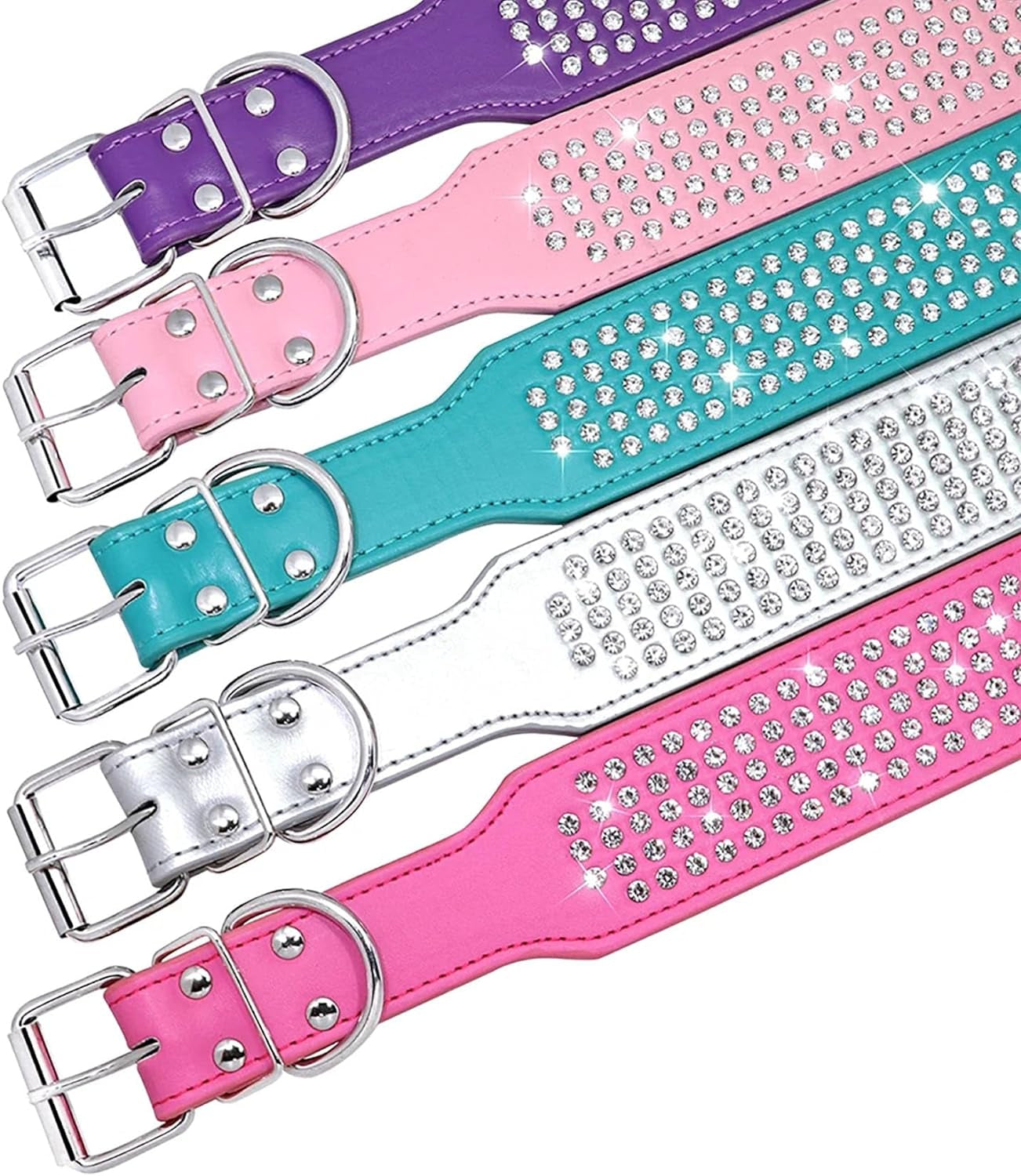 Rhinestones Dog Collars-2" Wide Crystal Diamonds Studded PU Leather 5 Rows Sparkly Crystal Studded Collar for Medium and Large Dog