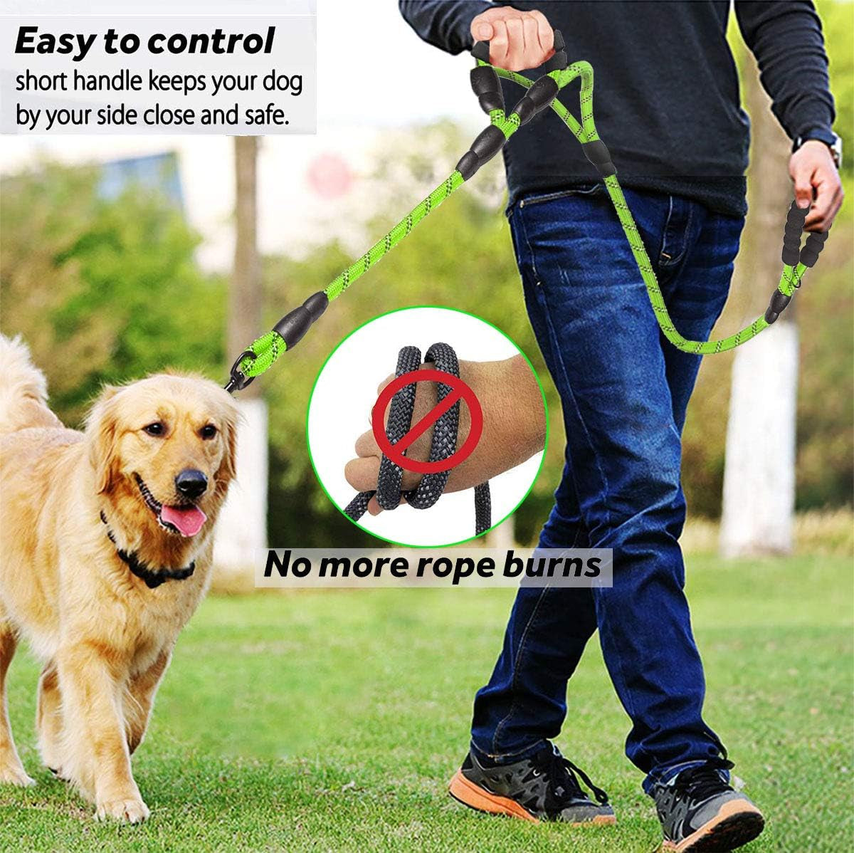 Heavy Duty Double Handle Dog Leash - 5 FT with Comfortable Padded and Reflective Rope for Small, Medium, Large Dogs (Rope-Green)