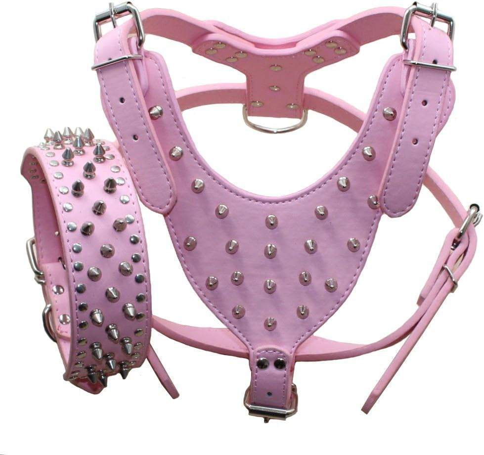 Leather Spiked Studded Medium & Large Dog Collars, Harnesses 2Pcs Matching Set for Pit Bull,Mastiff, Boxer, Bull Terrier