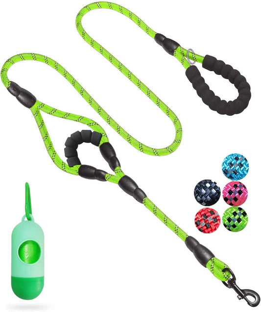 Heavy Duty Double Handle Dog Leash - 5 FT with Comfortable Padded and Reflective Rope for Small, Medium, Large Dogs (Rope-Green)