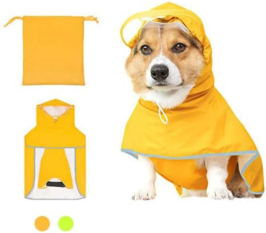 Waterproof Dog Rain Jacket with Hood - Reflective Strip, Adjustable Belly Strap, Lightweight Poncho with Storage Bag (Small, Yellow)