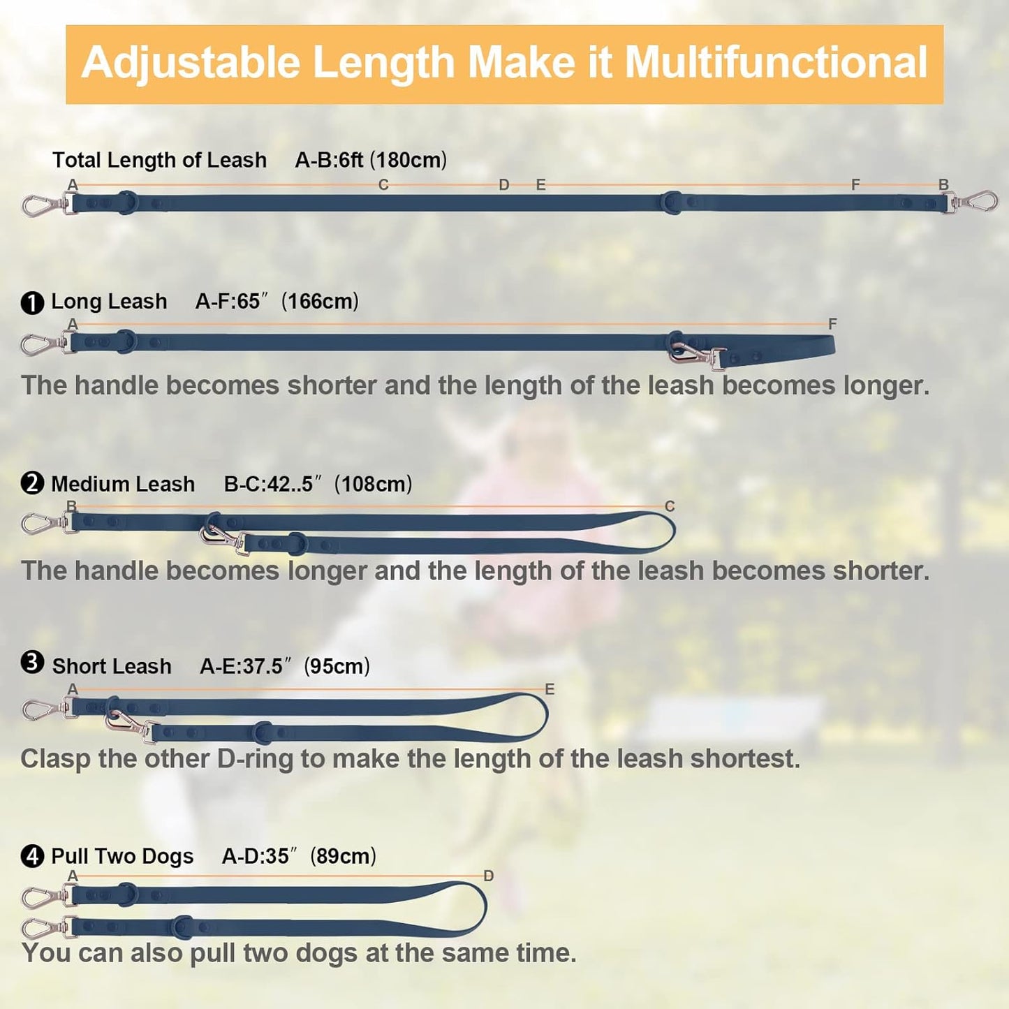 Waterproof Standard Dog Leashes with 2 Hooks, 5 Ft/ 6 Ft Lengths, Adjustable for Traffic Control Safety, for Small, Medium & Large Dogs Walking (Navy,L)